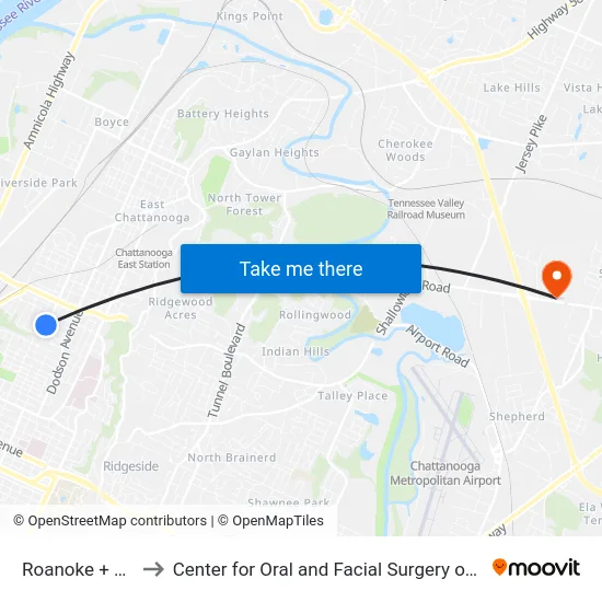 Roanoke + Cooley to Center for Oral and Facial Surgery of Chattanooga map