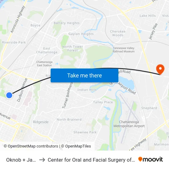 Oknob + Jackson to Center for Oral and Facial Surgery of Chattanooga map