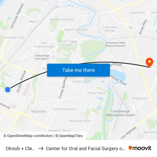 Oknob + Cleveland to Center for Oral and Facial Surgery of Chattanooga map