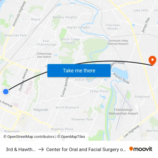 3rd & Hawthorne-1 to Center for Oral and Facial Surgery of Chattanooga map