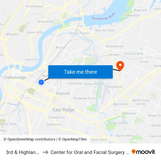 3rd & Highland Park-1 to Center for Oral and Facial Surgery of Chattanooga map