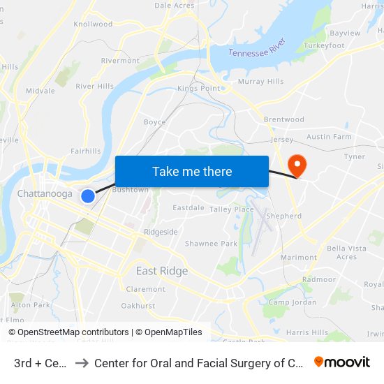 3rd + Central to Center for Oral and Facial Surgery of Chattanooga map