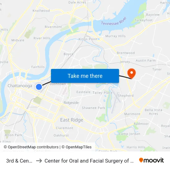 3rd & Central-1 to Center for Oral and Facial Surgery of Chattanooga map