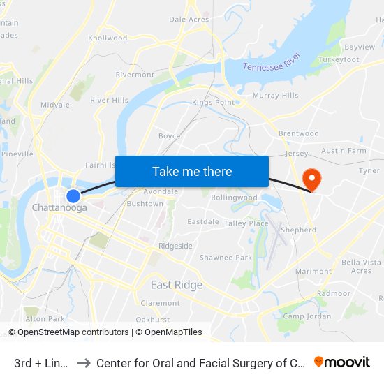 3rd + Lindsay to Center for Oral and Facial Surgery of Chattanooga map