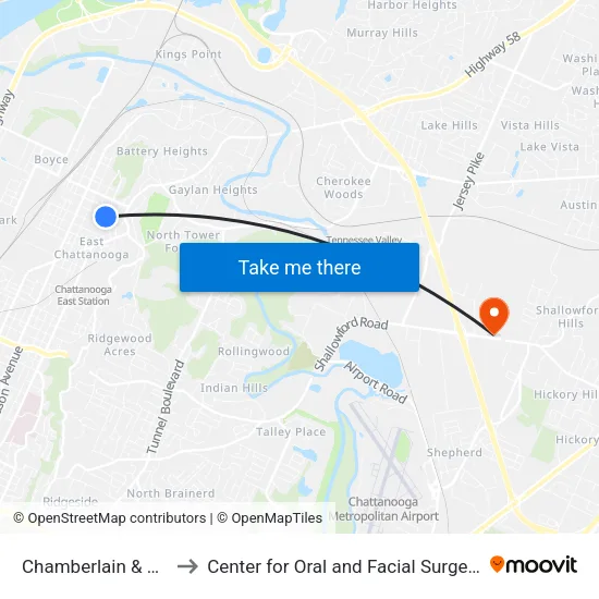 Chamberlain & Cushman-1 to Center for Oral and Facial Surgery of Chattanooga map