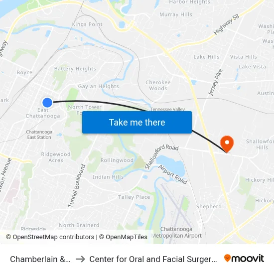 Chamberlain & Boone-1 to Center for Oral and Facial Surgery of Chattanooga map