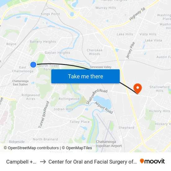 Campbell + Glass to Center for Oral and Facial Surgery of Chattanooga map