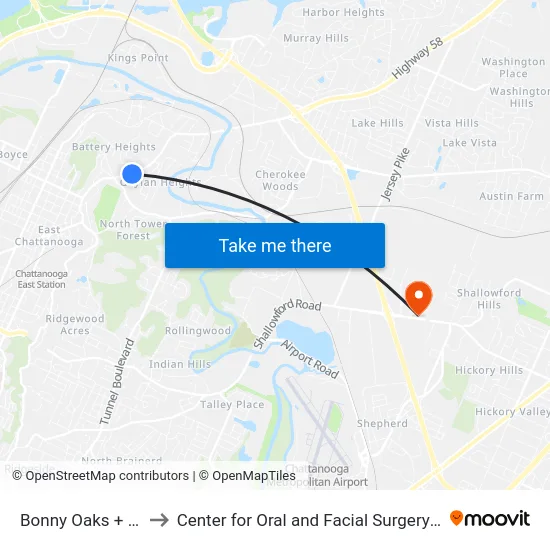 Bonny Oaks + Parkway to Center for Oral and Facial Surgery of Chattanooga map