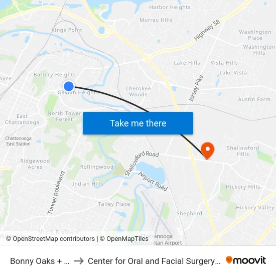 Bonny Oaks + Tugaloo to Center for Oral and Facial Surgery of Chattanooga map
