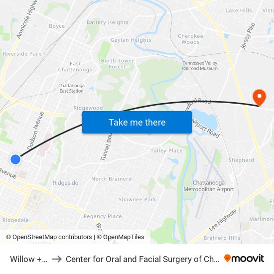 Willow + 4th to Center for Oral and Facial Surgery of Chattanooga map