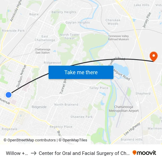 Willow + 5th to Center for Oral and Facial Surgery of Chattanooga map