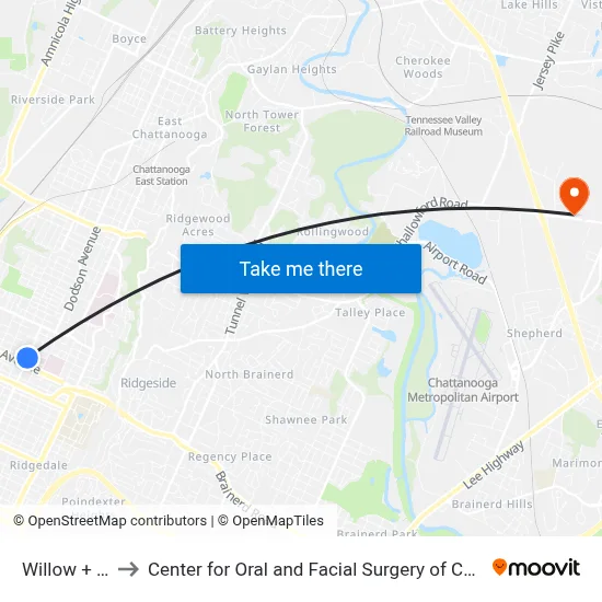 Willow + Oak to Center for Oral and Facial Surgery of Chattanooga map