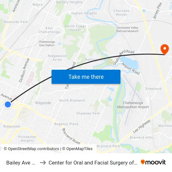 Bailey Ave + Kelly to Center for Oral and Facial Surgery of Chattanooga map