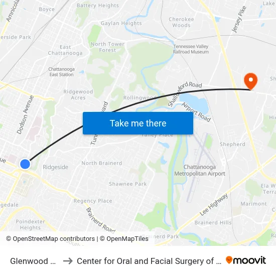 Glenwood + Vine to Center for Oral and Facial Surgery of Chattanooga map