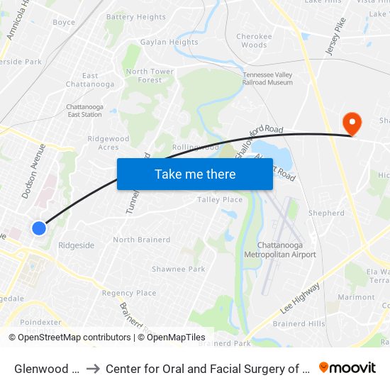 Glenwood + 4th to Center for Oral and Facial Surgery of Chattanooga map