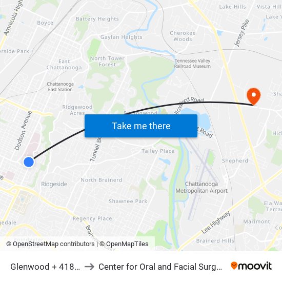 Glenwood + 418 Glenwood to Center for Oral and Facial Surgery of Chattanooga map