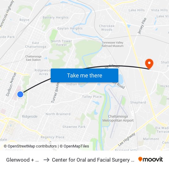 Glenwood + Robbins to Center for Oral and Facial Surgery of Chattanooga map