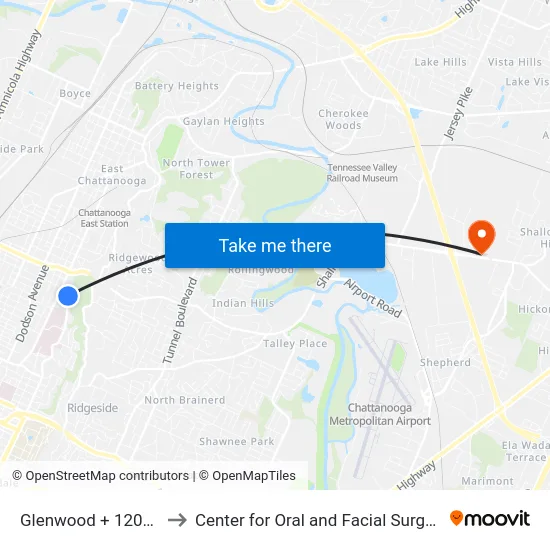Glenwood + 1208 Glenwood to Center for Oral and Facial Surgery of Chattanooga map