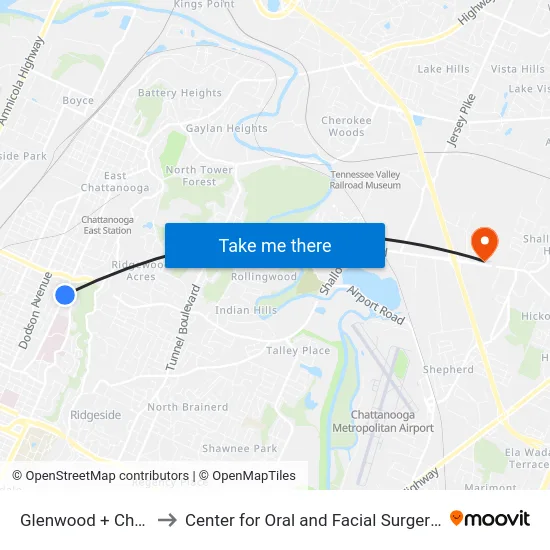 Glenwood + Chamberlain to Center for Oral and Facial Surgery of Chattanooga map
