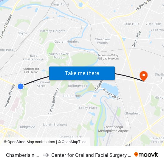 Chamberlain + Wilcox to Center for Oral and Facial Surgery of Chattanooga map