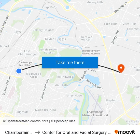 Chamberlain + Olive to Center for Oral and Facial Surgery of Chattanooga map