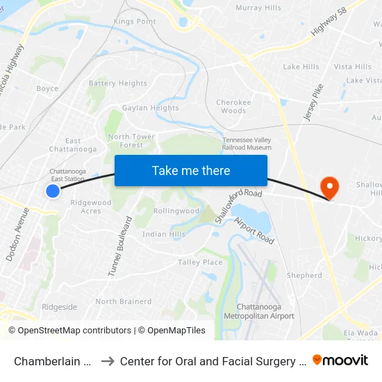 Chamberlain + Gilbert to Center for Oral and Facial Surgery of Chattanooga map