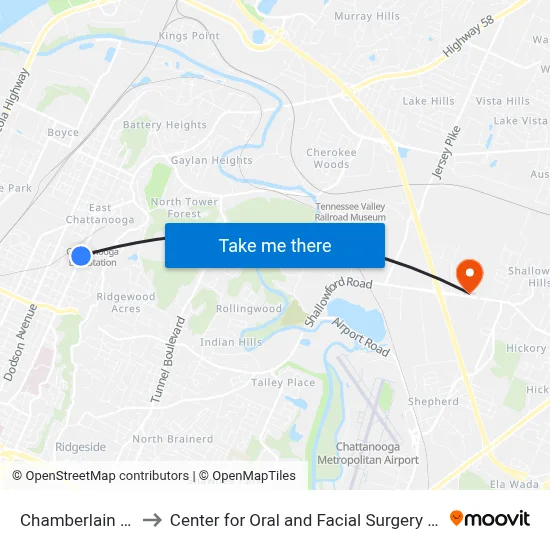 Chamberlain + Bragg to Center for Oral and Facial Surgery of Chattanooga map