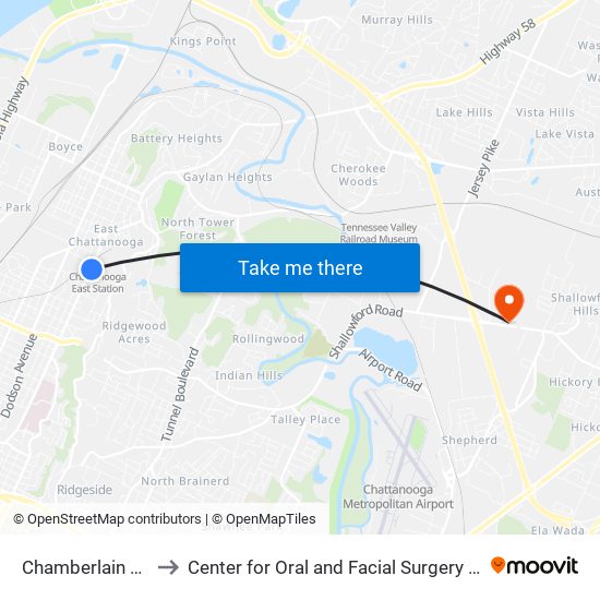 Chamberlain + Emma to Center for Oral and Facial Surgery of Chattanooga map
