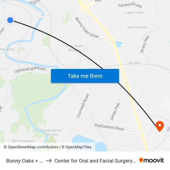 Bonny Oaks + Addison to Center for Oral and Facial Surgery of Chattanooga map