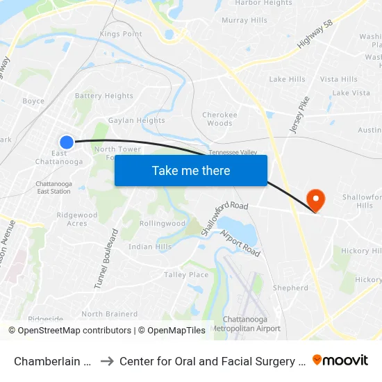Chamberlain + Boone to Center for Oral and Facial Surgery of Chattanooga map