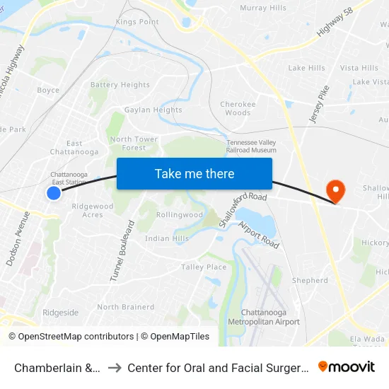 Chamberlain & Gilbert-1 to Center for Oral and Facial Surgery of Chattanooga map