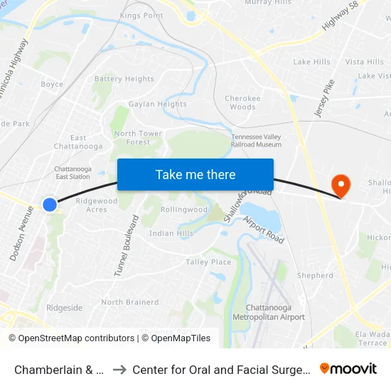 Chamberlain & Camden-1 to Center for Oral and Facial Surgery of Chattanooga map
