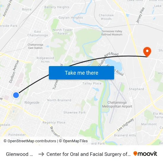 Glenwood & 4th-1 to Center for Oral and Facial Surgery of Chattanooga map