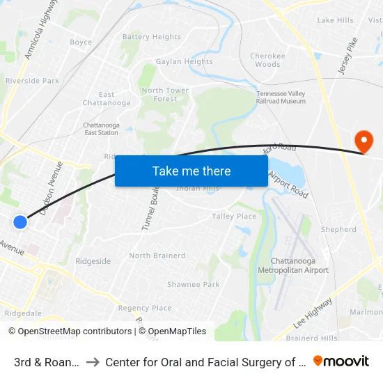 3rd & Roanoke-1 to Center for Oral and Facial Surgery of Chattanooga map