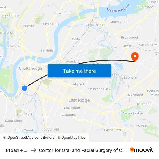 Broad + 25th to Center for Oral and Facial Surgery of Chattanooga map
