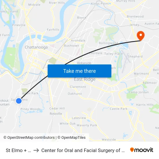 St Elmo + 48th to Center for Oral and Facial Surgery of Chattanooga map