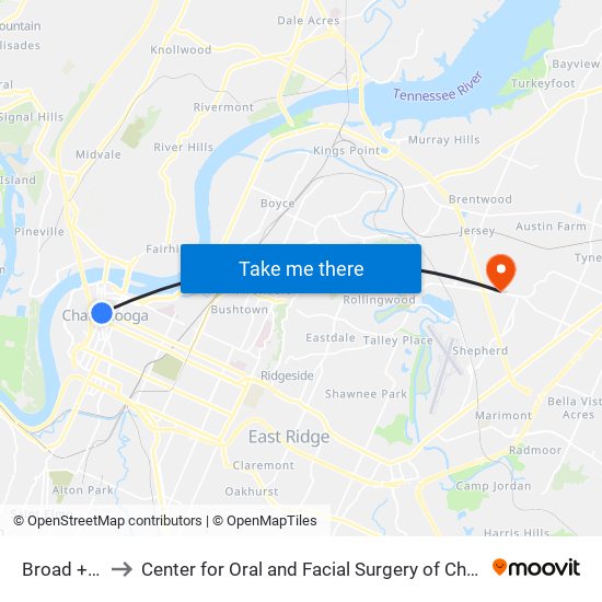 Broad + 7th to Center for Oral and Facial Surgery of Chattanooga map