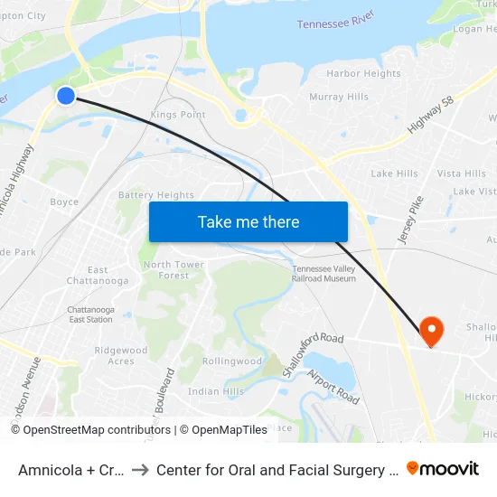 Amnicola + Creekside to Center for Oral and Facial Surgery of Chattanooga map
