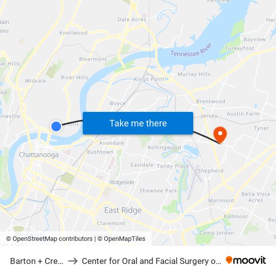 Barton + Crewdson to Center for Oral and Facial Surgery of Chattanooga map