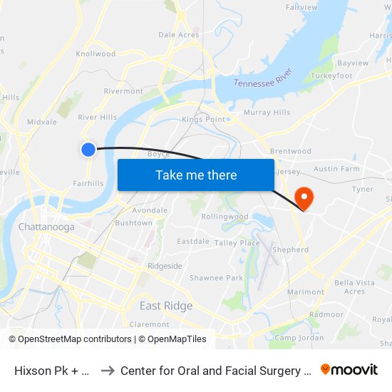 Hixson Pk + N Shady to Center for Oral and Facial Surgery of Chattanooga map