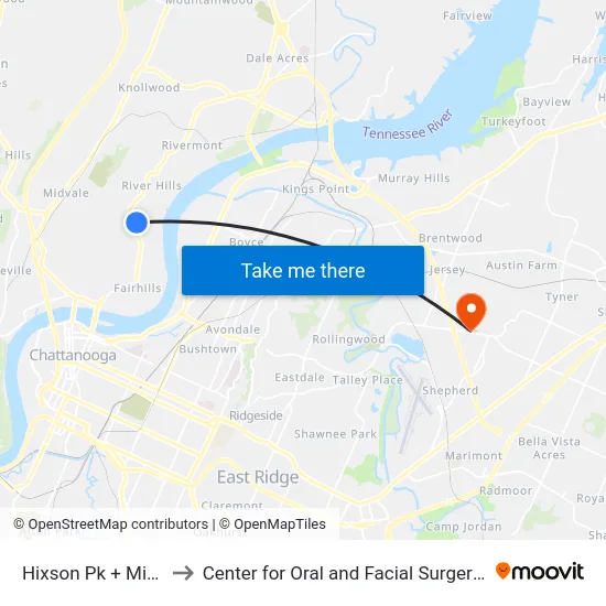 Hixson Pk + Minnekahda to Center for Oral and Facial Surgery of Chattanooga map
