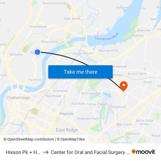 Hixson Pk + Haywood to Center for Oral and Facial Surgery of Chattanooga map