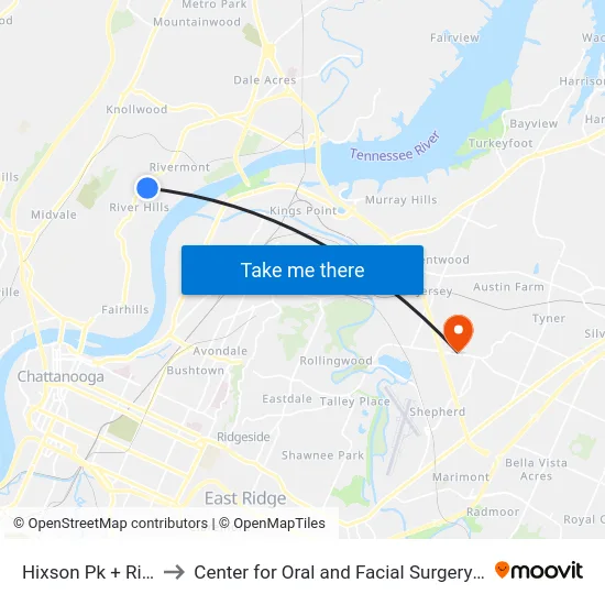 Hixson Pk + Rivermont to Center for Oral and Facial Surgery of Chattanooga map