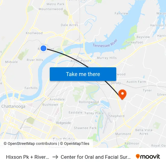 Hixson Pk + Rivermont School to Center for Oral and Facial Surgery of Chattanooga map