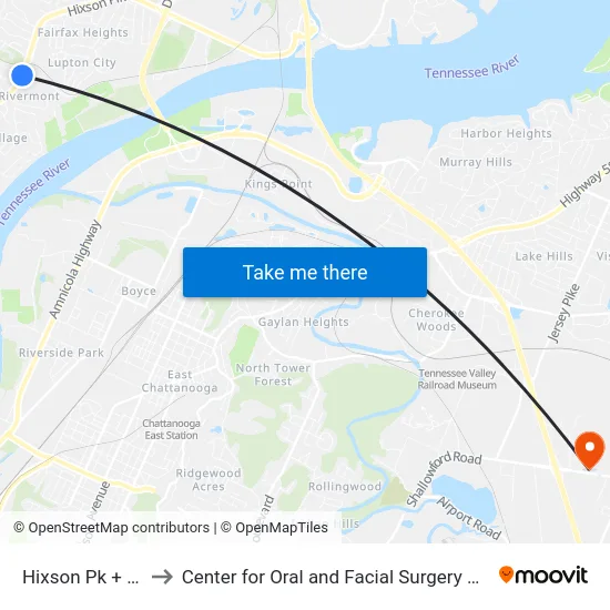 Hixson Pk + Lupton to Center for Oral and Facial Surgery of Chattanooga map