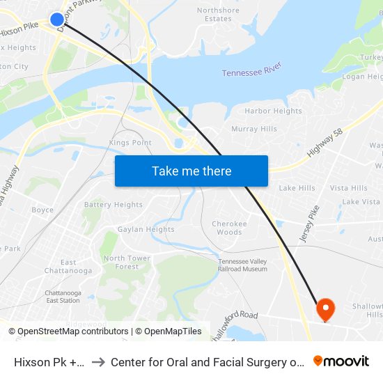 Hixson Pk + Ymca to Center for Oral and Facial Surgery of Chattanooga map