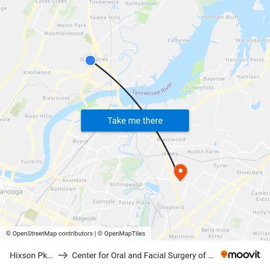 Hixson Pk + Ely to Center for Oral and Facial Surgery of Chattanooga map