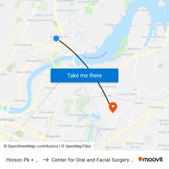 Hixson Pk + Bagwell to Center for Oral and Facial Surgery of Chattanooga map
