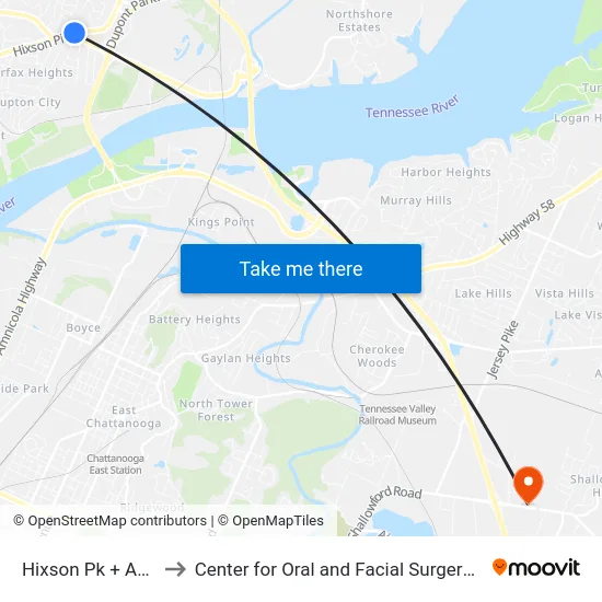 Hixson Pk + Access Rd to Center for Oral and Facial Surgery of Chattanooga map