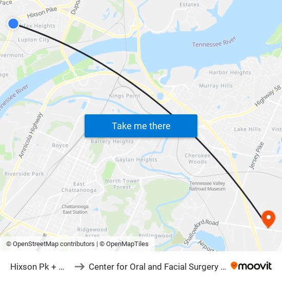 Hixson Pk + Mauldeth to Center for Oral and Facial Surgery of Chattanooga map